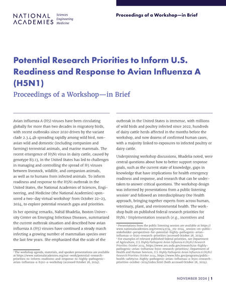 First page of the National Academies workshop-in-brief on potential research priorities for U.S. readiness and response to avian influenza A (H5N1). Credit: National Academies of Sciences, Engineering, and Medicine.