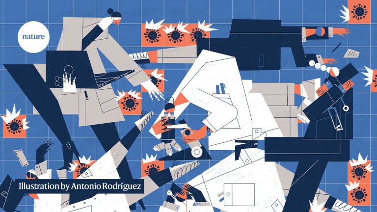 Stylized illustration of researchers working amid scattered lab equipment and virus particles. Credit: Illustration by Antonio Rodríguez / Nature.
