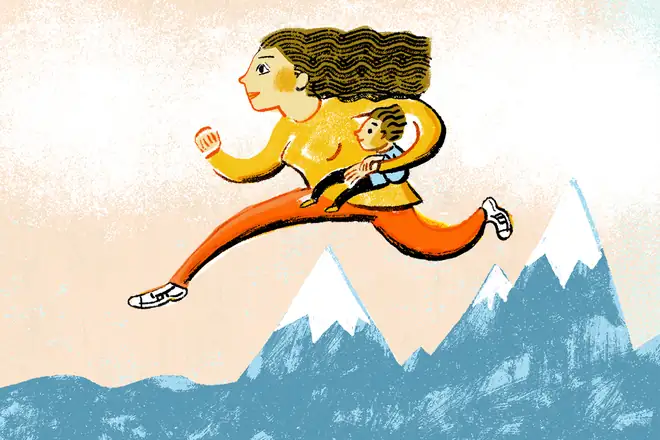 An illustration of a woman running over mountain peaks carrying a child on her back. Credit: Illustration: Robert Neubecker, for Science Careers.